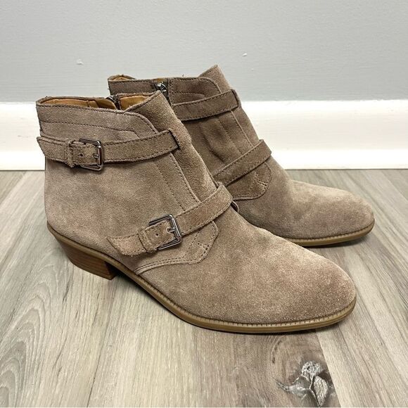 Franco Sarto Booties Women’s 7.5 Rynn Tan Suede Leather Double Buckle Ankle - Picture 1 of 9